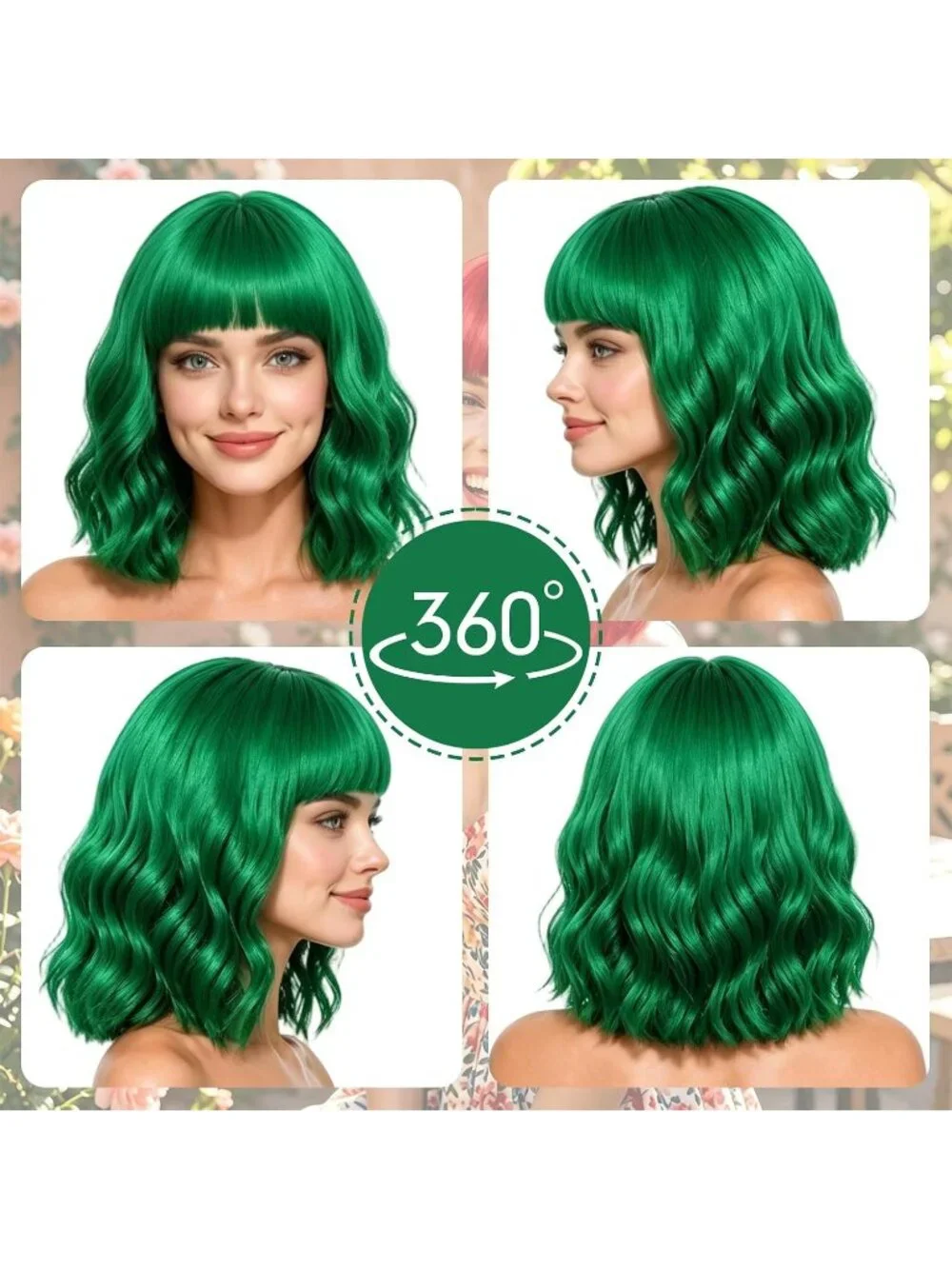Women's Green Curly Bob Synthetic Wigs Bangs With Neon Heart Sunglasses